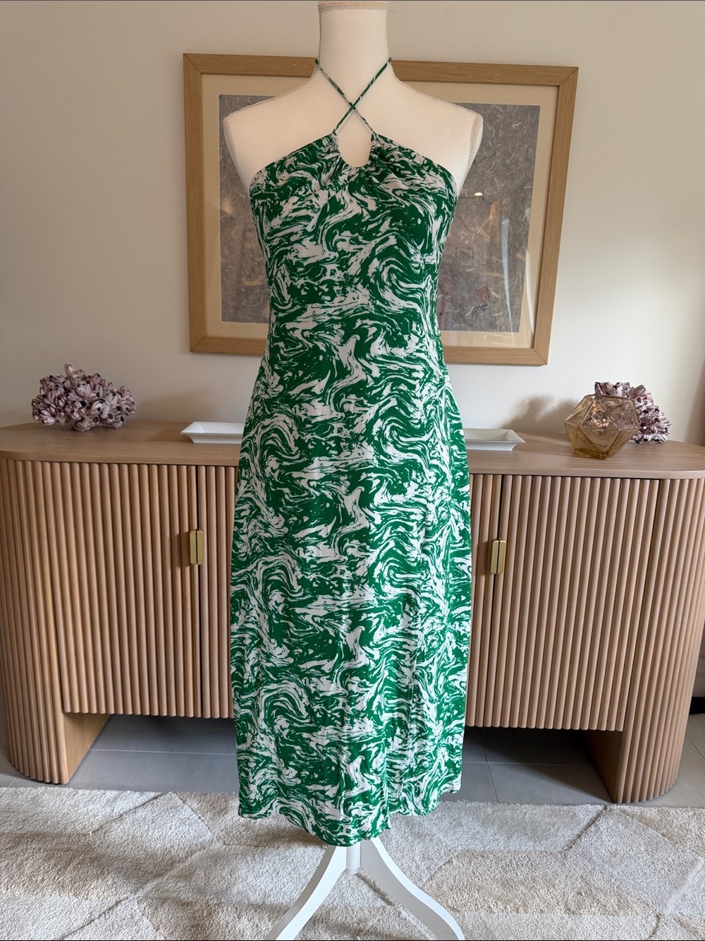 Green Marble-Print Halter Midi Dress